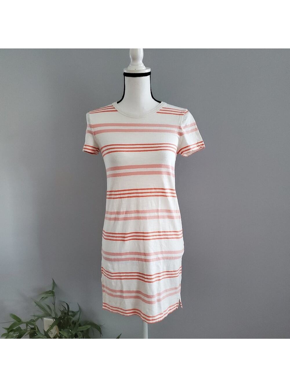 Lou & Grey Orange White Striped Linen Blend Short Sleeve Tee Dress XS
